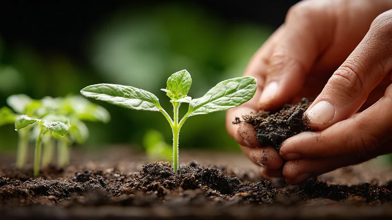 Nurturing Growth: A Close-Up of Hands Caring for Seedlings in Dark Soil, Highlighting the Connection Between Humans and Nature Through Plant Cultivation
