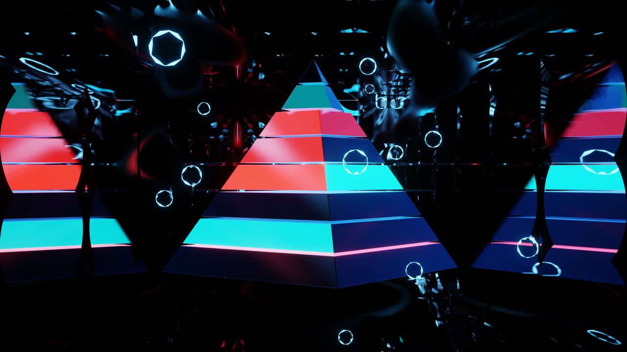 음악적 디스코 피라미드의 회전은 거울 터널에 있습니다.