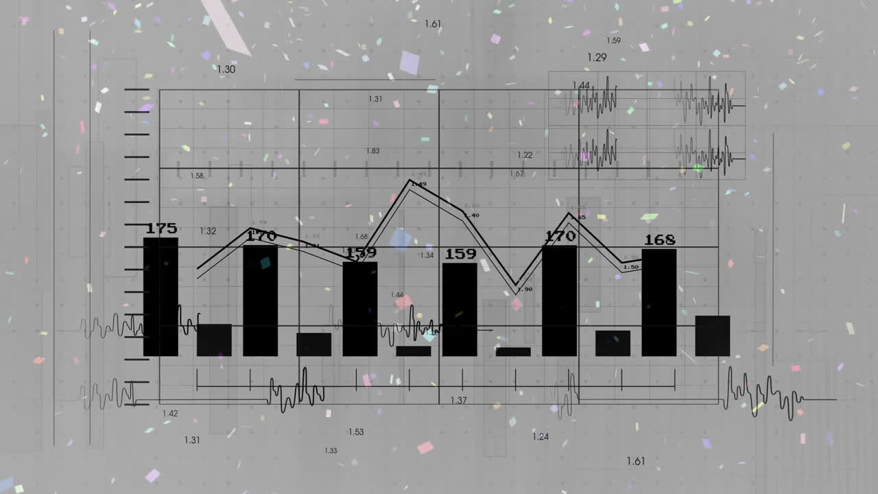 Animation of bar graph with fluctuating line chart on confetti background