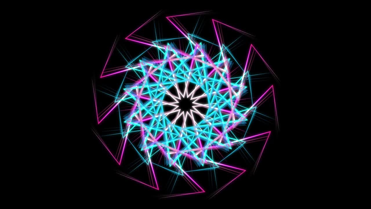 luces brillantes y formas de mandala que cambian lentamente. animación de stock. figura redonda abstracta con líneas móviles dentro del círculo aisladas en fondo negro, bucle sin costuras