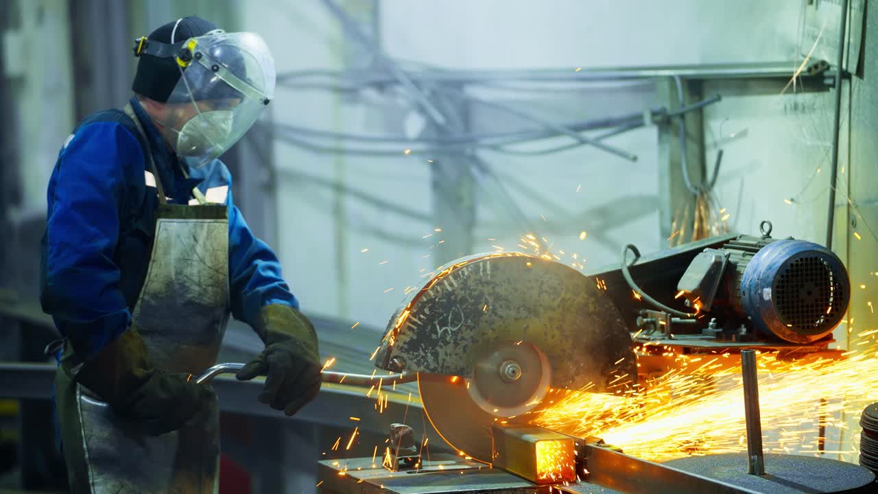 Metalworker cutting metal with abrasive saw