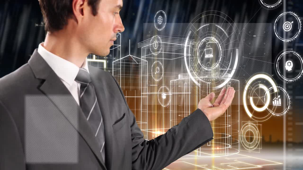 다양한 데이터와 메타베라를 가진 터치 스크린을 사용하는 코카시안 사업가의 애니메이션 도시 풍경