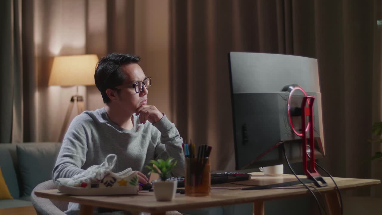 밤에 집에서 일하는 남자