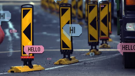 animation of multiple hi and hello text on vintage speech bubbles over road traffic