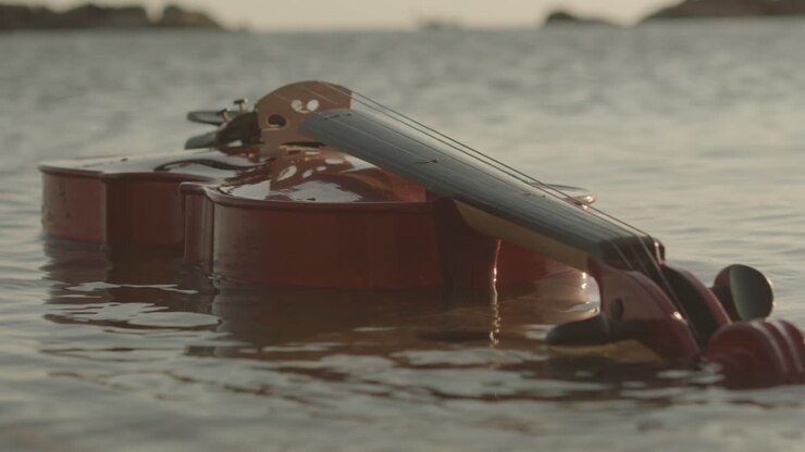 A classic violin is floating on sea water