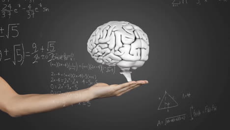 animation of human brain with hand and mathematical data processing on grey background