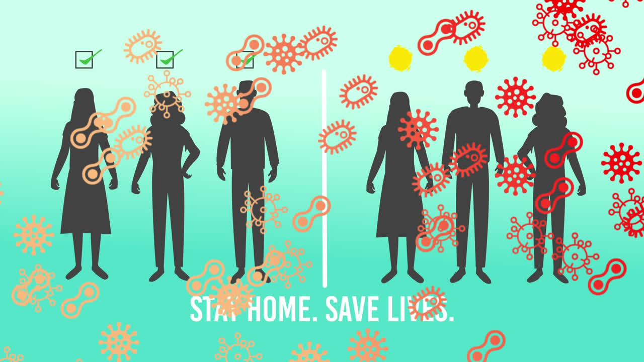 녹색 차원 배경에서 사회적 거리를 유지하는 사람들 위의 여러 코로나19 세포 아이콘