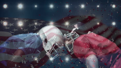 animation of waving usa flag and falling confetti over american football player