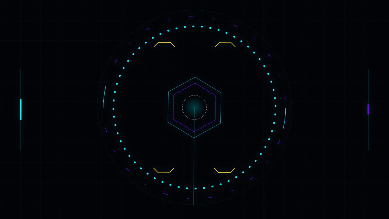 Futuristic Digital HUD Interface with Rotating Hexagon and Scanning Radar