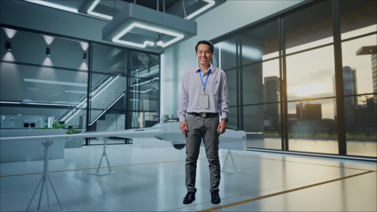 profesional de negocios sonriente en una instalación moderna