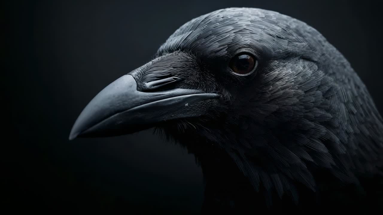 Opening shot showing crow shifting gaze blinking tilting head under low-key lighting in dark studio