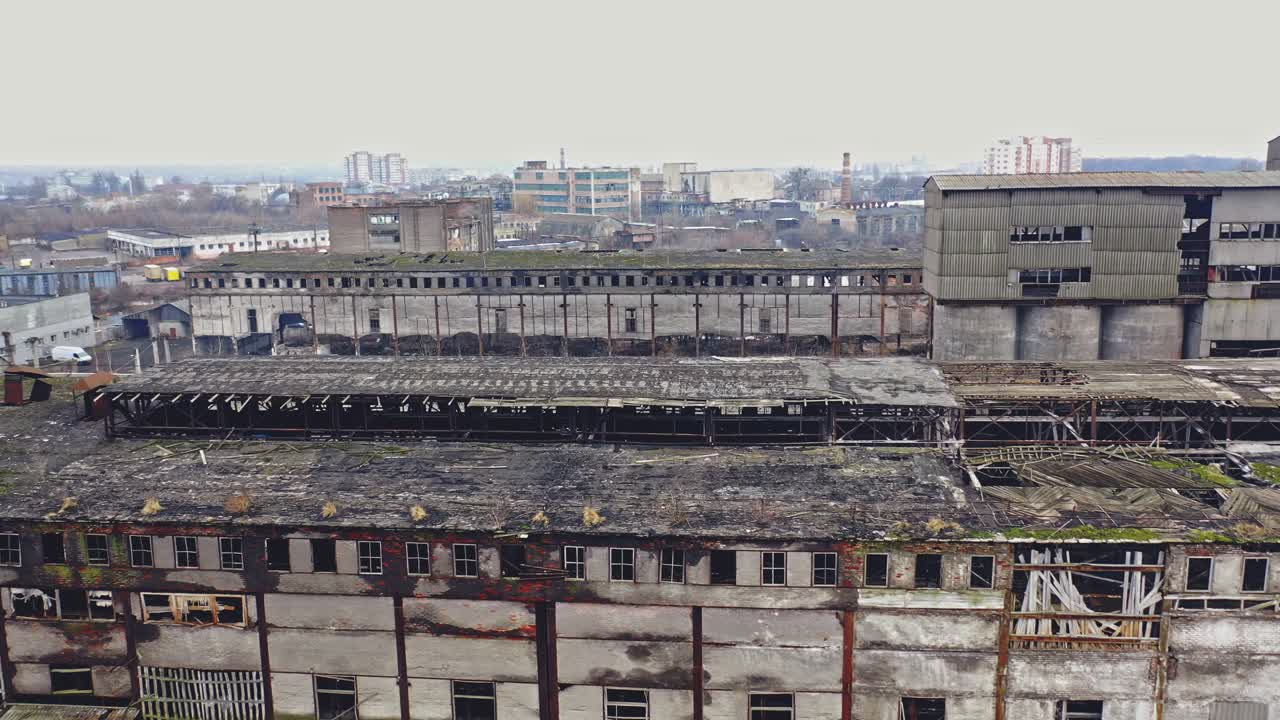 Aerial view of an abandoned industrial plant. Abandoned old chemical factory.