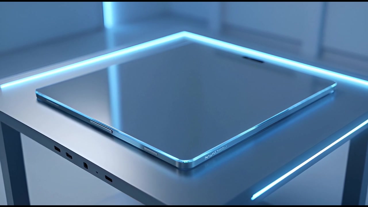 High-Tech Tablet Displayed on a Futuristic Glowing Table