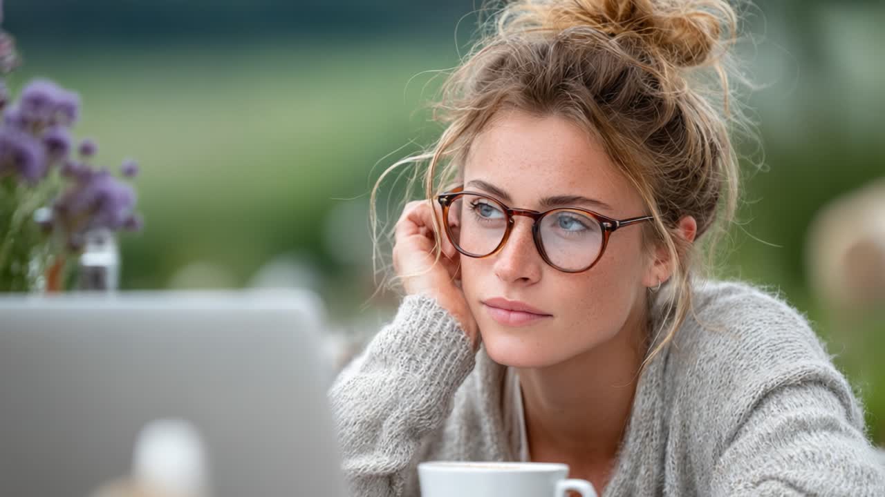 A Thoughtful Moment: A Reflection on Life and Work, Captured in Two Frames, Showcasing a Young Woman's Introspective Expression Amidst a Cozy Outdoor Setting