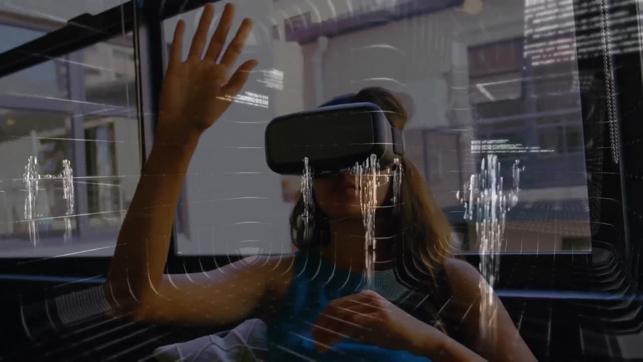 Animation of data processing over businesswoman working in office