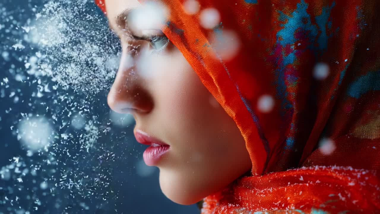 Captivating Beauty in Winter: A Profile Portrait of a Young Woman with a Colorful Scarf, Surrounded by Falling Snowflakes, Evoking a Sense of Serenity and Magic in a Cold Environment