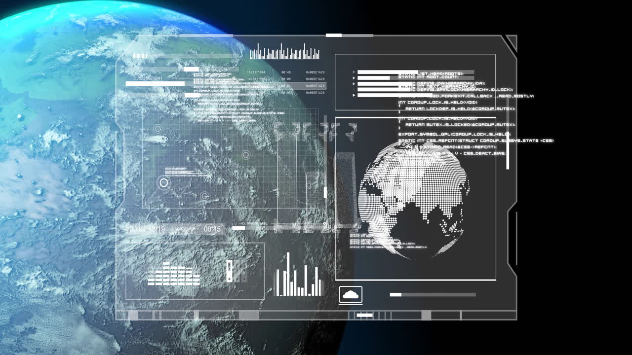 Animation of Earth from space with digital interface displaying data and graphs