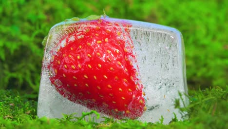 timelapse of a bright red strawberry frozen in a melting ice cube sitting on a bed of vibrant green growing moss static zoom out