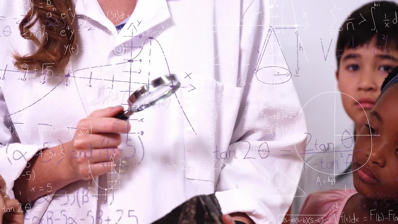 다양한 아이들을 가르치는 백인 여성 교사에 대한 수학적 방정식의 애니메이션