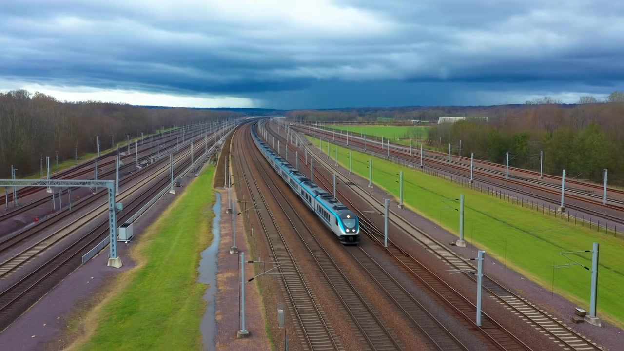 Blue silver passenger train with bright headlights travels along curved electrified tracks through wide rural rail corridor beneath layered storm clouds, rain shaft, wet grass, and open horizon
