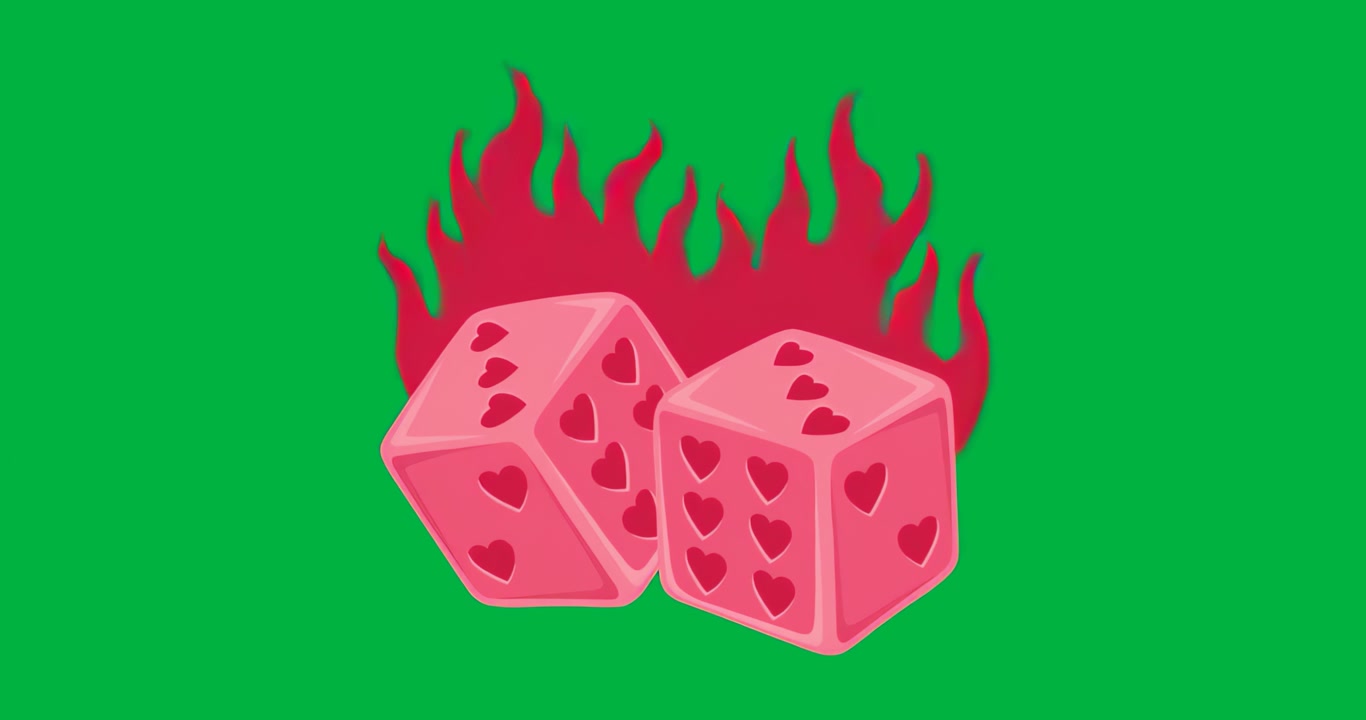 Dadi a forma di cuore rosa in loop su un campo trasparente, mentre una fiamma bicolore sfarfalla dietro, aggiungendo un impulso.