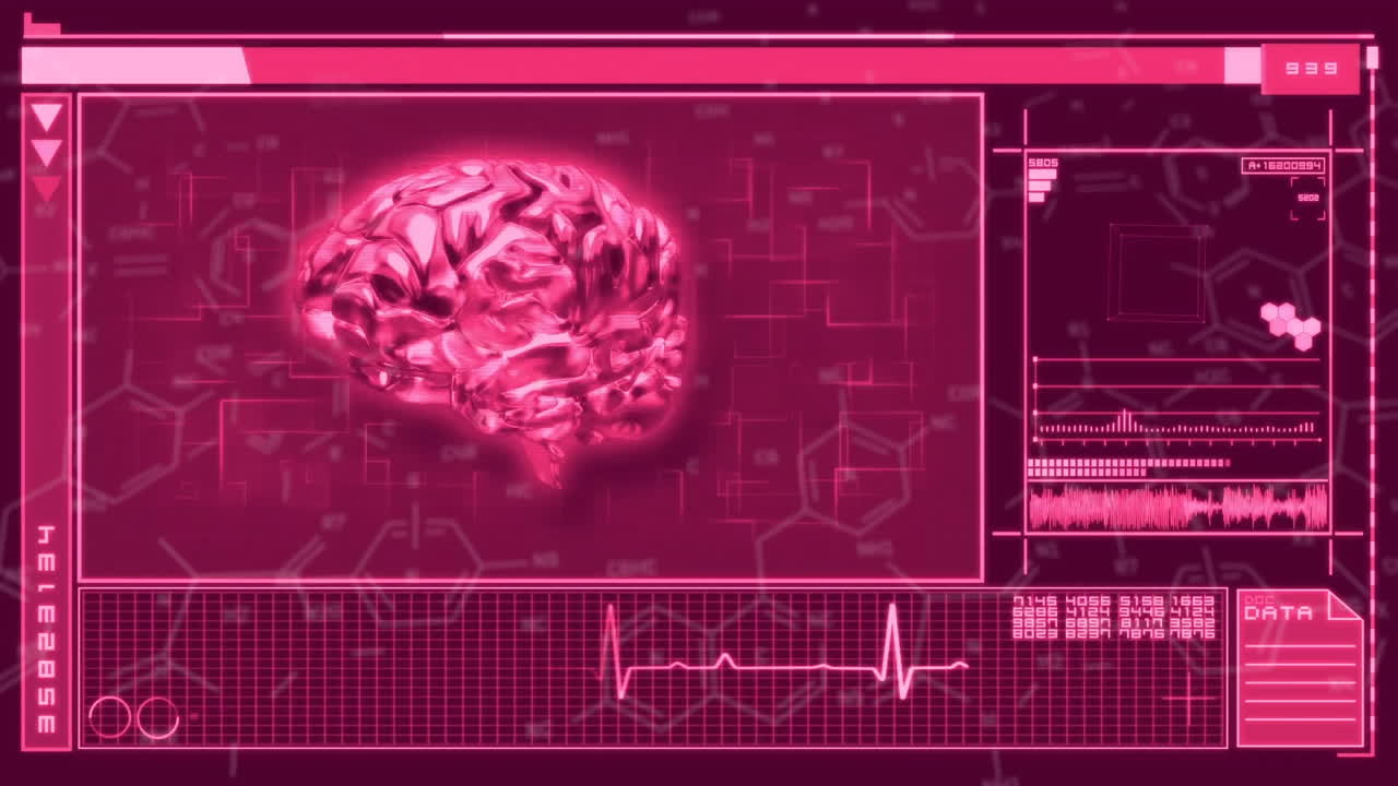 animación de procesamiento de datos con cerebro digital en fondo púrpura