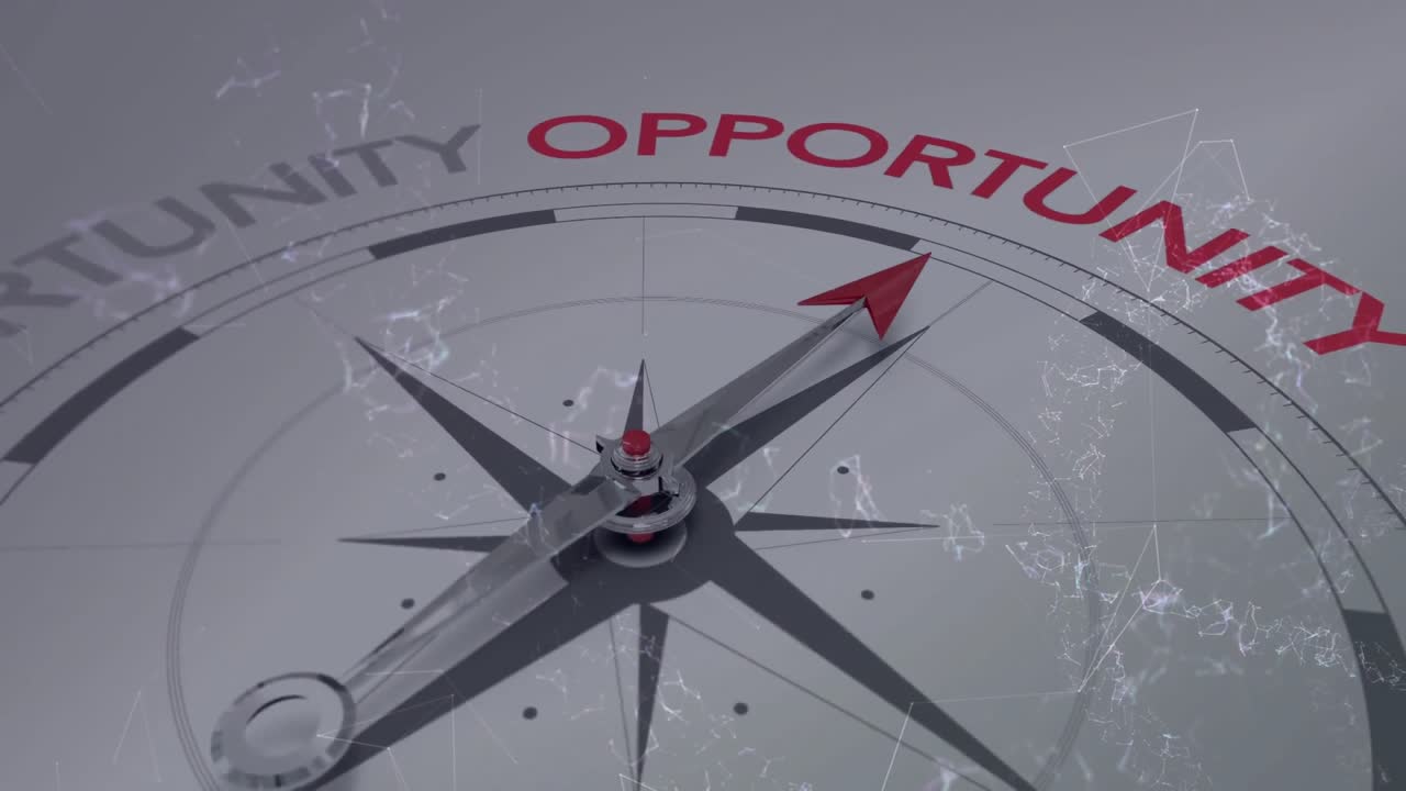 Metallic compass needle pointing toward OPPORTUNITY label, showing 3D render dial with data grid