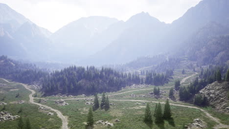 breathtaking mountain landscape with winding trails and lush greenery at dawn