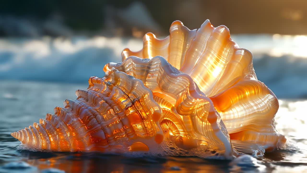 Sunny beach seashell. A stunning seashell rests on wet sand, illuminated by sunlight during a calm afternoon at the beach