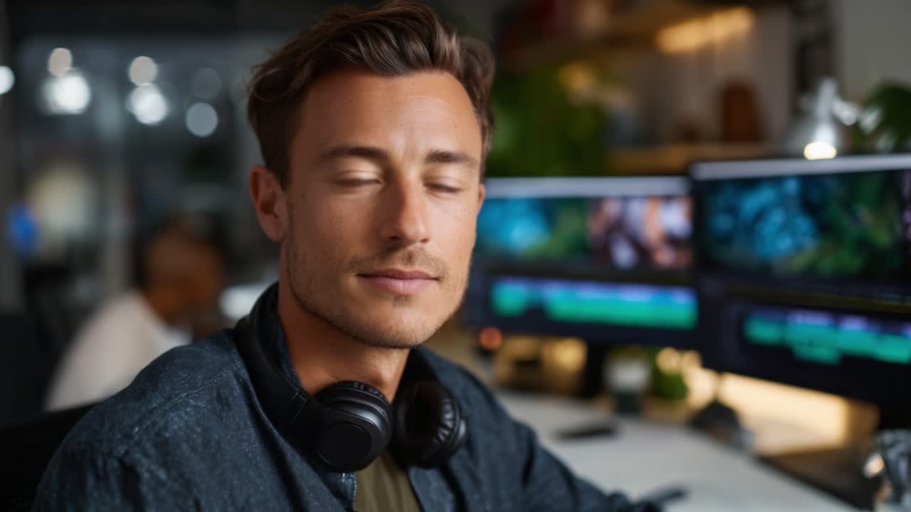 Fokuseret ung mand med hovedtelefoner i et kreativt arbejdsområde, engageret i digital redigering med flere skærme, der viser visuelt indhold og en moderne atmosfære