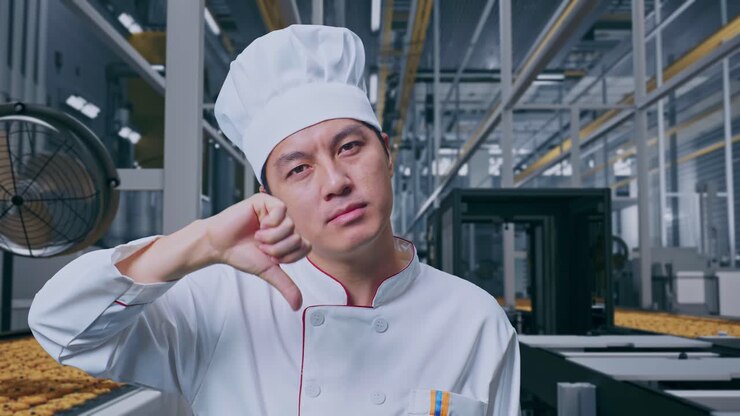 Primo piano di Chef Uomo Asiatico che Mostra il Pollice Verso alla Telecamera mentre è in Piedi, Linea di Produzione Automatica di Biscotti in Fabbrica Moderna
