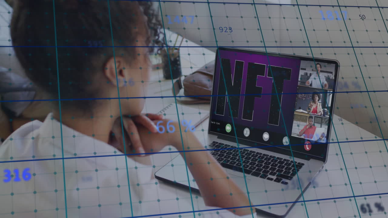 Woman leaning on desk, joining business meeting with laptop NFT graphic and floating data grid