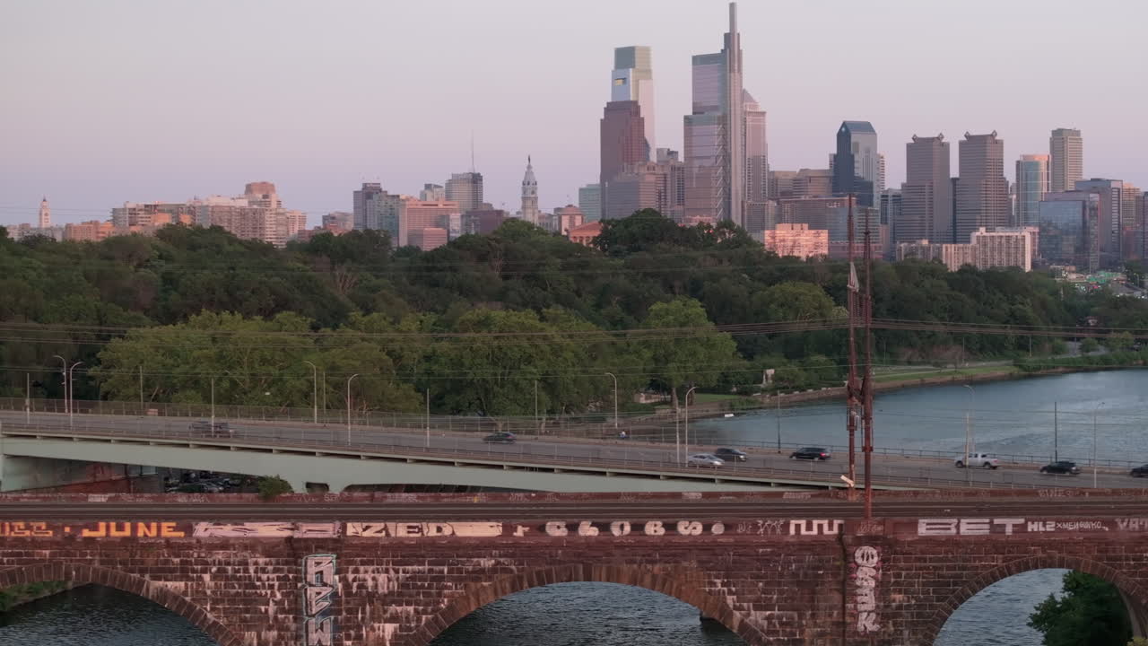Aerial view of the Philadelphia skyline at sunset, Shot on a summer day