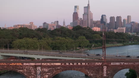 aerial view of the philadelphia skyline at sunset, shot on a summer day
