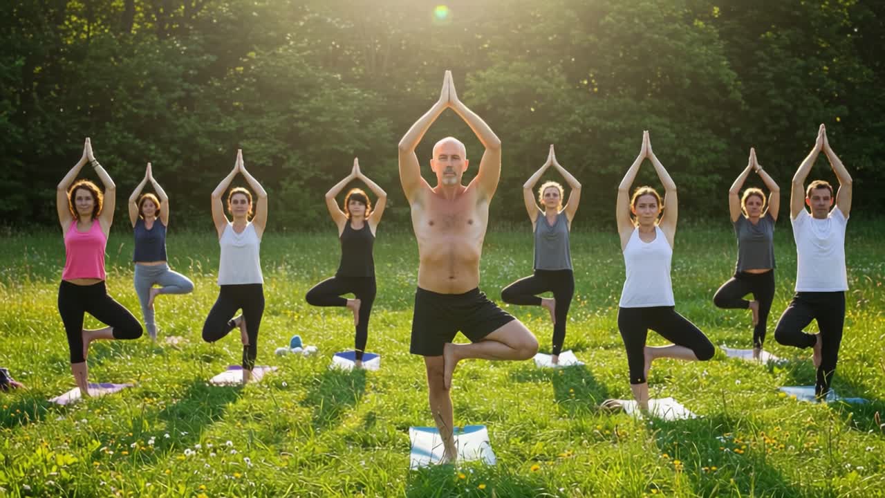Group of people practicing outdoor yoga in a sunny park