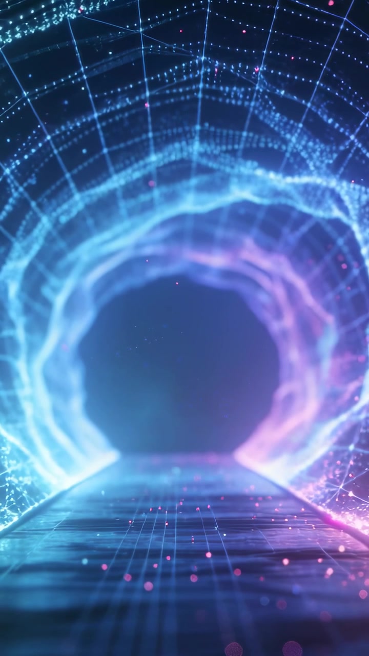 Vertical video: Pulsing vortex pulling camera through CGI tunnel toward dark core, with grid floor