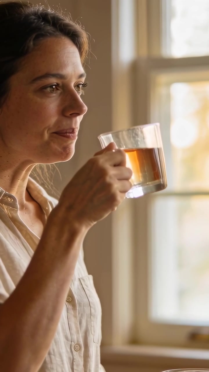 Vídeo vertical: Mulher bebendo, levantando uma caneca de vidro à luz da manhã perto de uma janela com painéis, vestindo uma blusa.