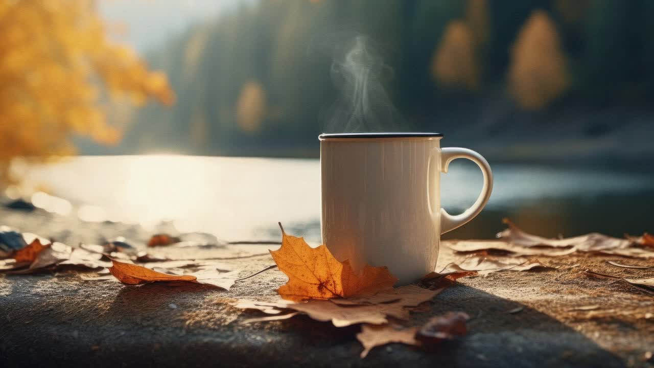 A cozy autumn scene with a steaming mug on a leaf-covered table by a lake