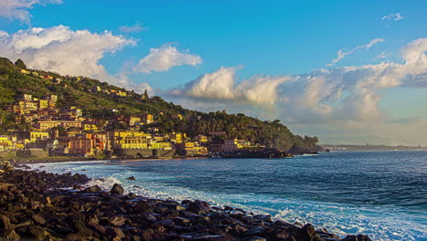 Static-view-of-spring-sunset-in-Via-Molino,-Italy,-Europe-with-waves-crashing-in-timelapse