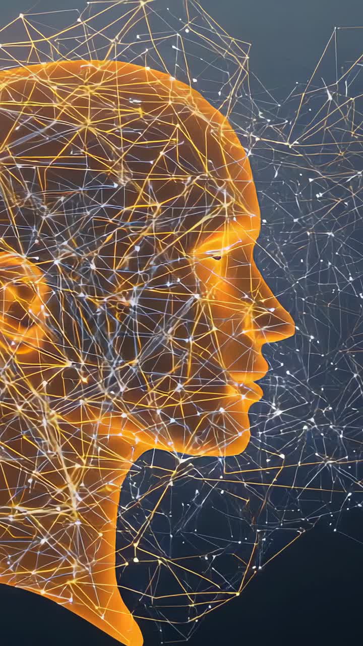 Video verticale: bagliore ambrato iniziale all'interno di una testa in 3D, che rivela una rete neurale arancione nello spazio digitale
