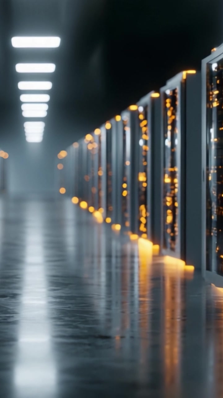 Uno sguardo al futuro della tecnologia: file di moderni server di data center illuminati da una luce soffusa e ambientale, creando un ambiente futuristico.