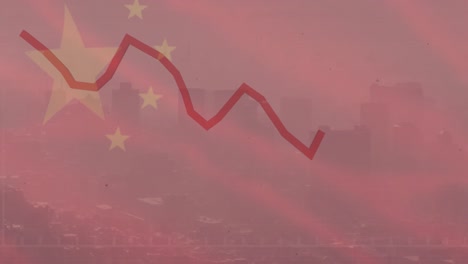 Animación-De-La-Bandera-De-China-Y-Procesamiento-De-Datos-Financieros-Sobre-El-Paisaje-Urbano.