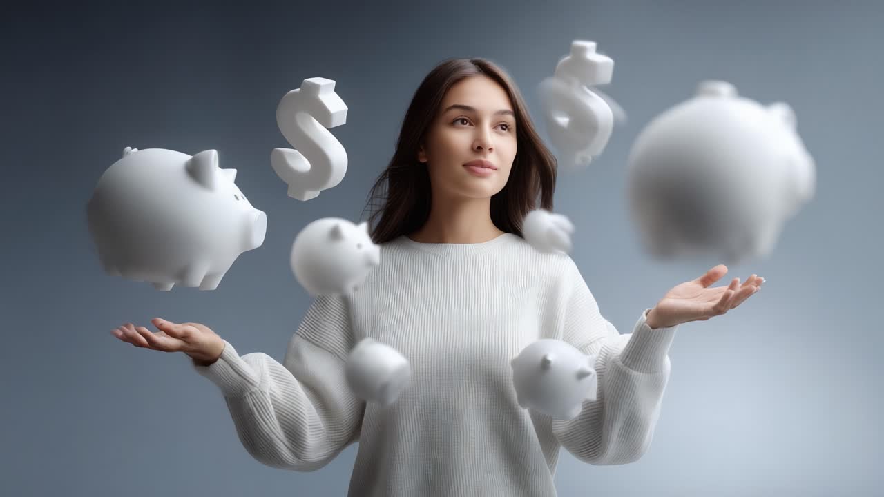 A Young Woman Balances Financial Symbols, Including Piggy Banks and Dollar Signs, as She Contemplates Economic Growth and Financial Strategies in a Modern Visual Setting