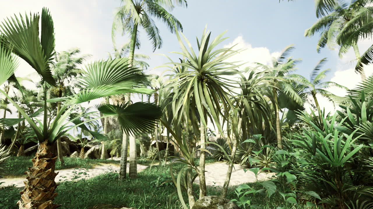 Lush tropical landscape with palm trees and greenery in bright sunlight
