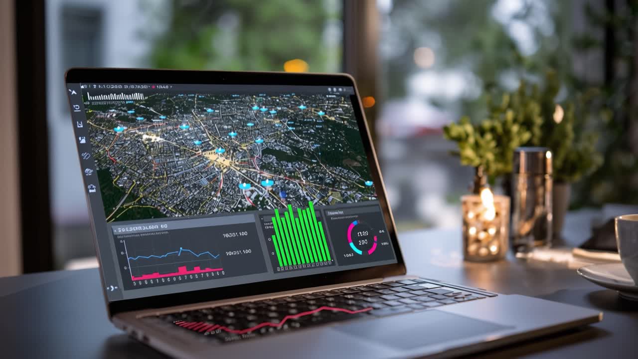 A modern workspace featuring a laptop displaying vibrant data analytics on a cityscape, complete with graphs and charts, illuminated by warm ambient lighting