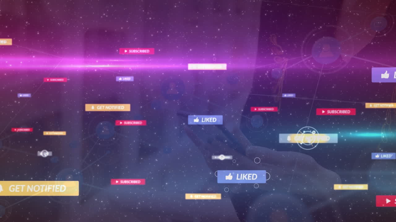 스마트 폰을 사용하는 백인 여성에 대한 소셜 미디어 아이콘과 연결의 애니메이션