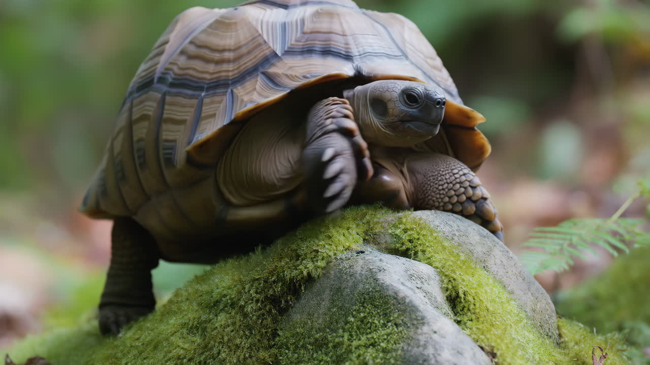 A tortoise rests on a moss-covered rock in a natural setting
