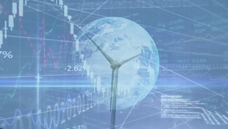 animación de datos financieros y globo sobre la turbina eólica