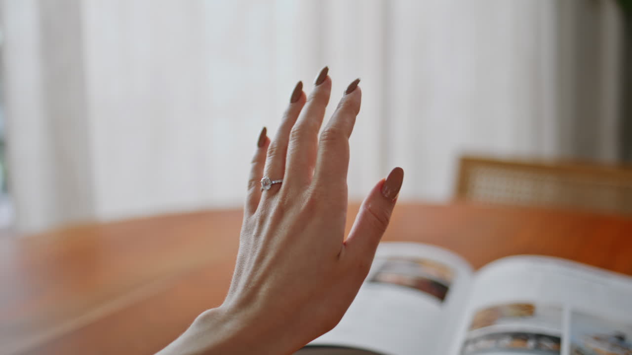 Closeup engaged woman hand gesturing at home apartment. Unrecognizable lady