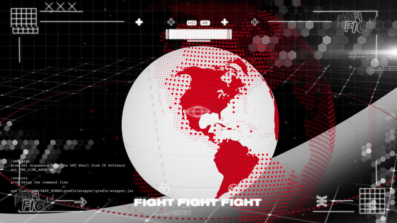 Stylized globe rotating in dark 3D grid scene, showing code overlays and Fight banner